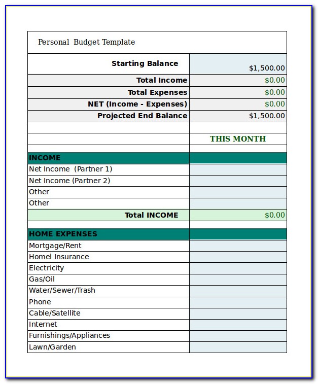 Personal Budget Sheet Excel Template