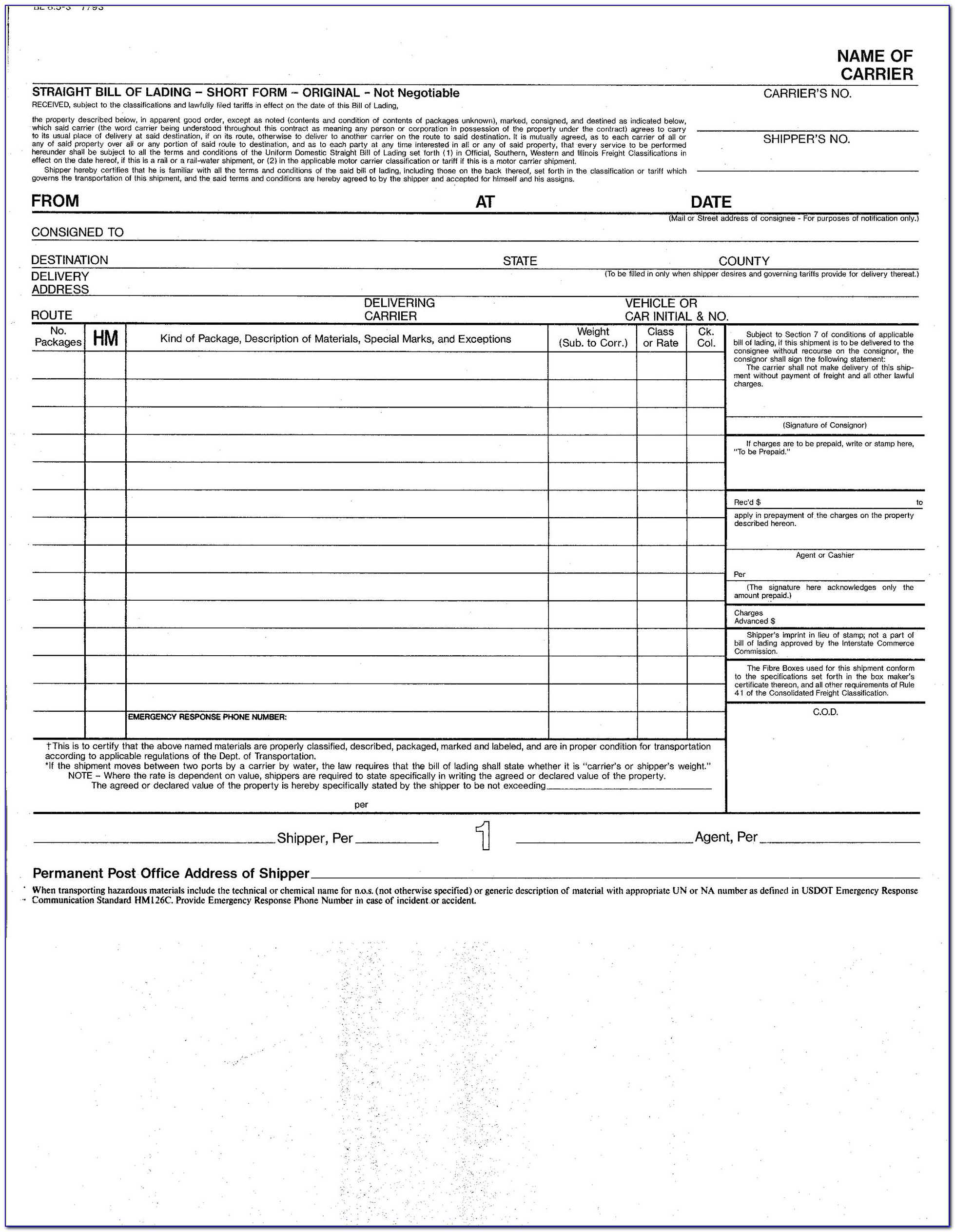 Printable Blank Bill Of Lading Form