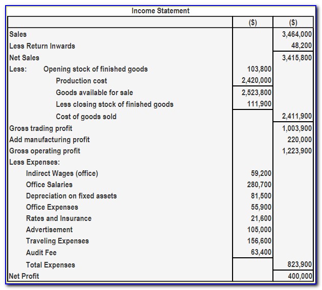 Profit And Loss Statement Format For Manufacturing Company