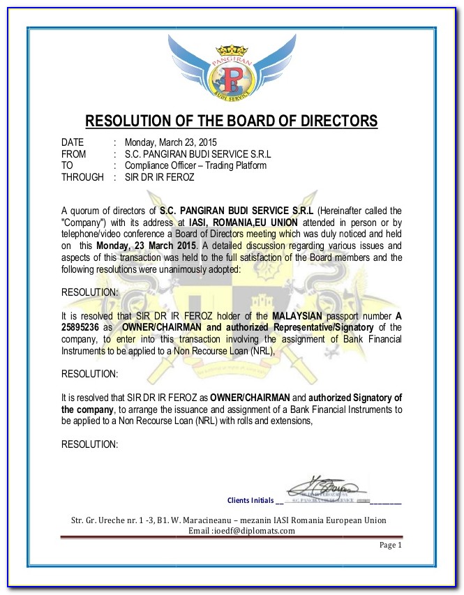 Sample Board Of Directors Resolution Template