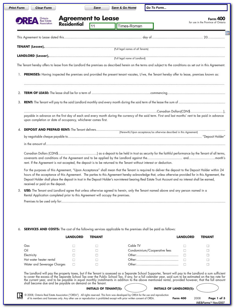 Agreement Lease Residential Ontario Form 400