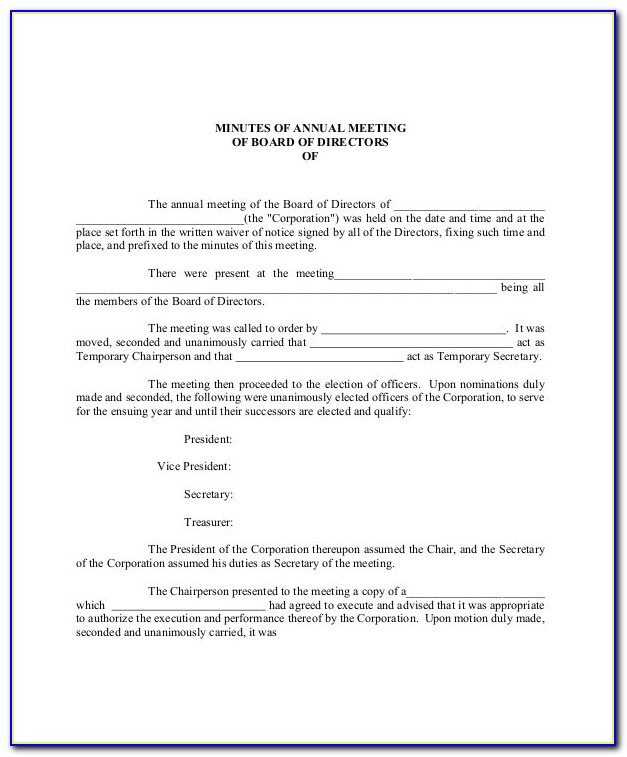 Annual Board Of Directors Meeting Minutes Template