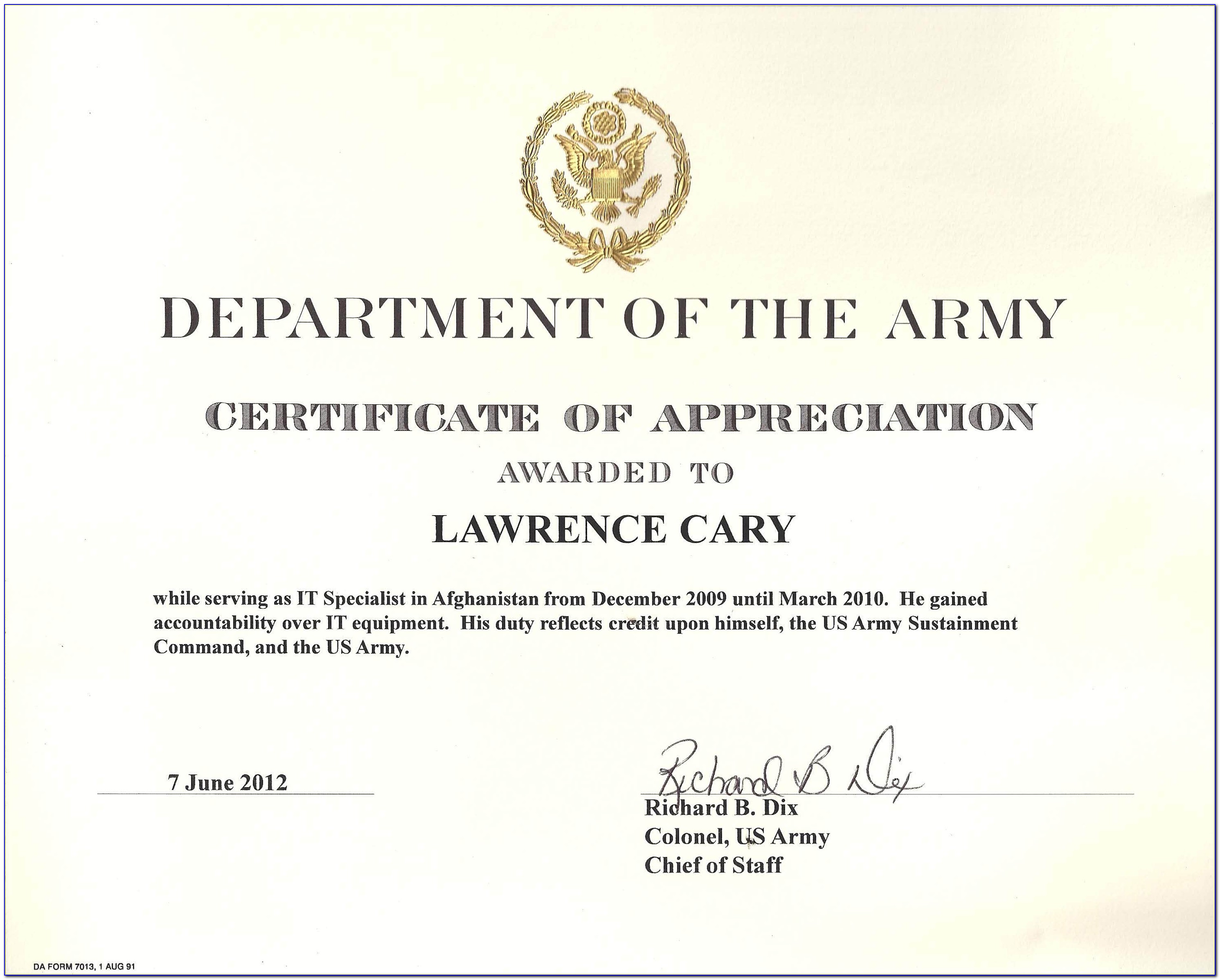 Army Certificates Of Appreciation Templates