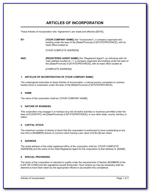 Articles Of Incorporation Template Texas