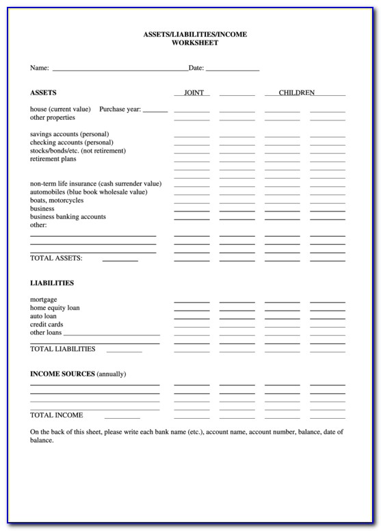 Assets And Liabilities Worksheet Template