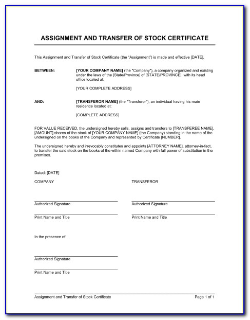 Assignment Of Stock Certificate Templates
