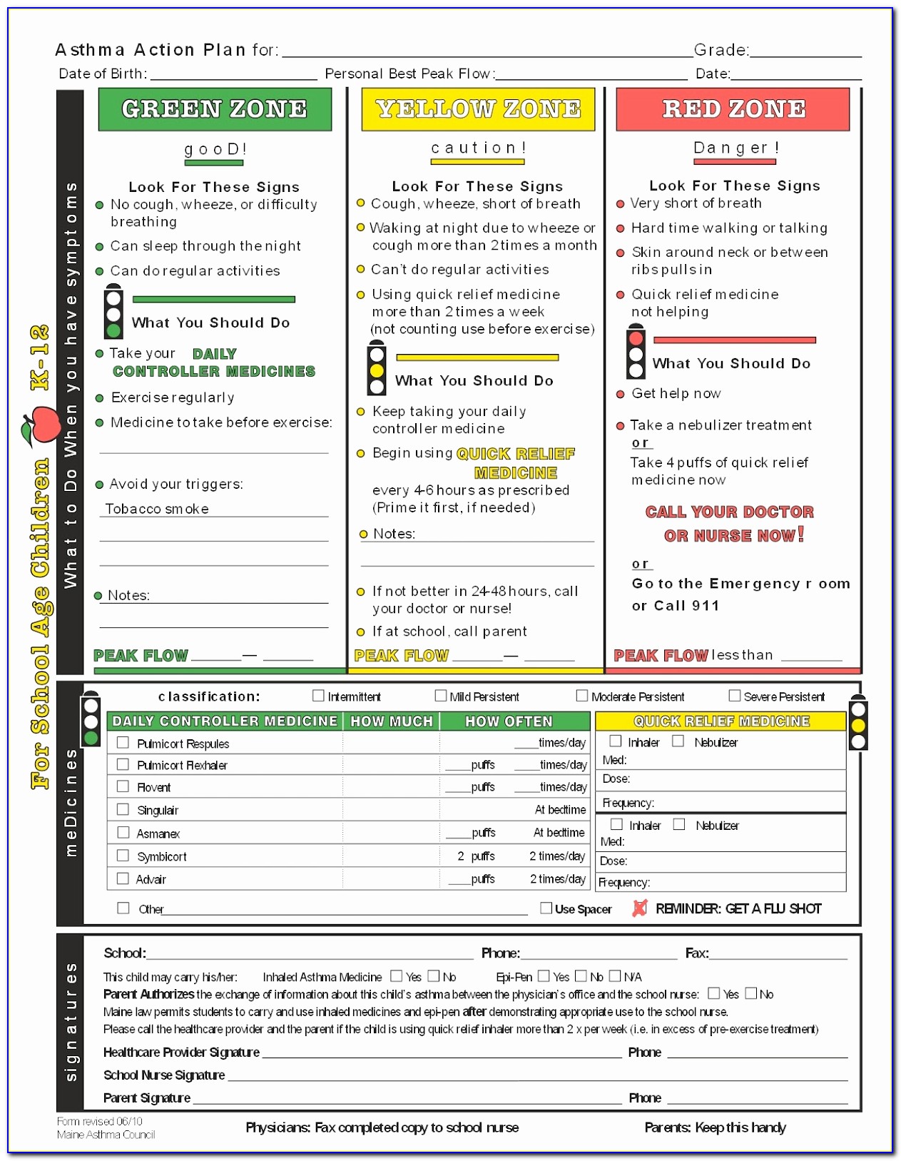 Asthma Action Plan Form For School