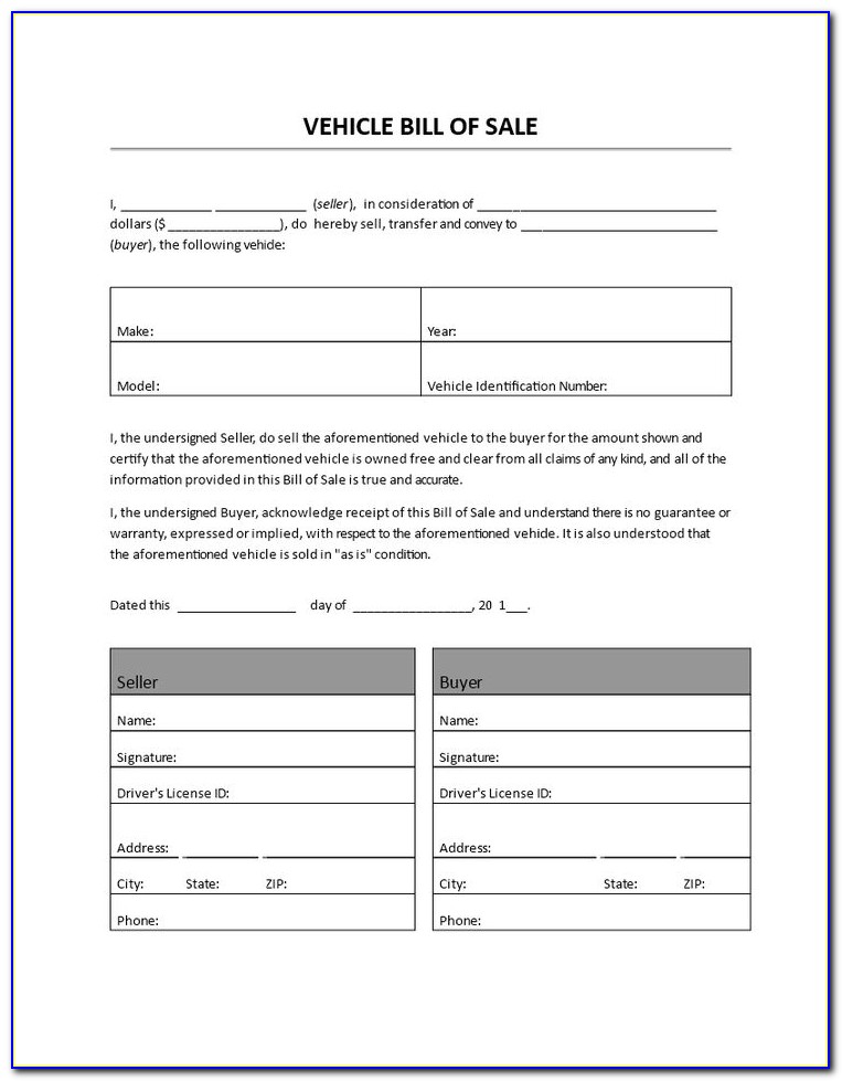 Auto Bill Of Sale Template Printable