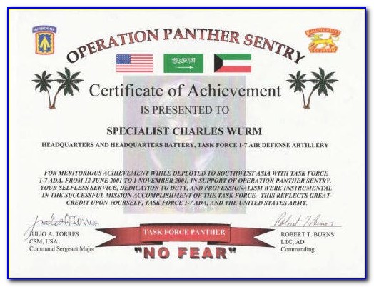 Blank Army Certificate Of Achievement Template