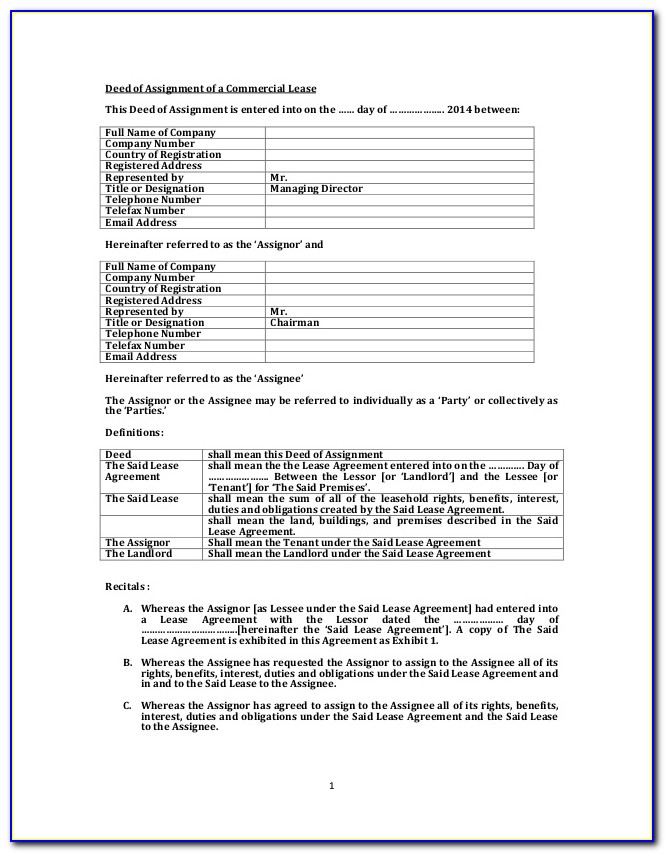 Deed Of Assignment Of Lease Sample
