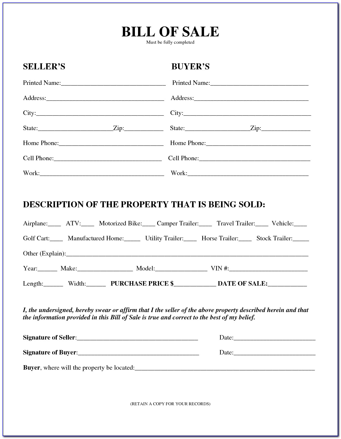 Free Vehicle Bill Of Sale Form Texas