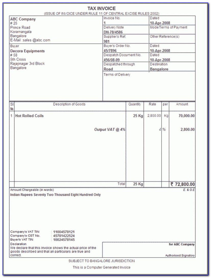 Gst Invoice Template Word India