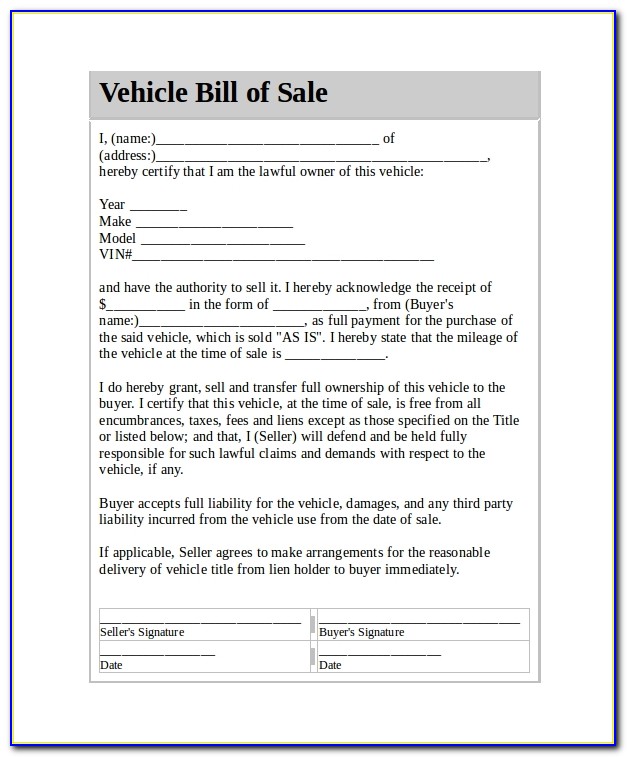 Illinois Vehicle Bill Of Sale Template Fillable Pdf