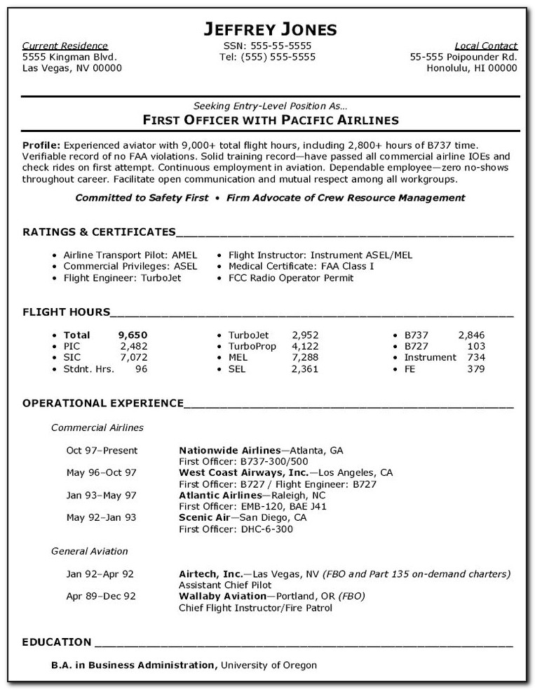 Professional Airline Pilot Resume Template
