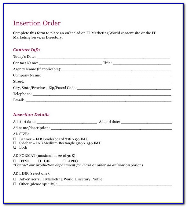 Sample Advertising Insertion Order Form