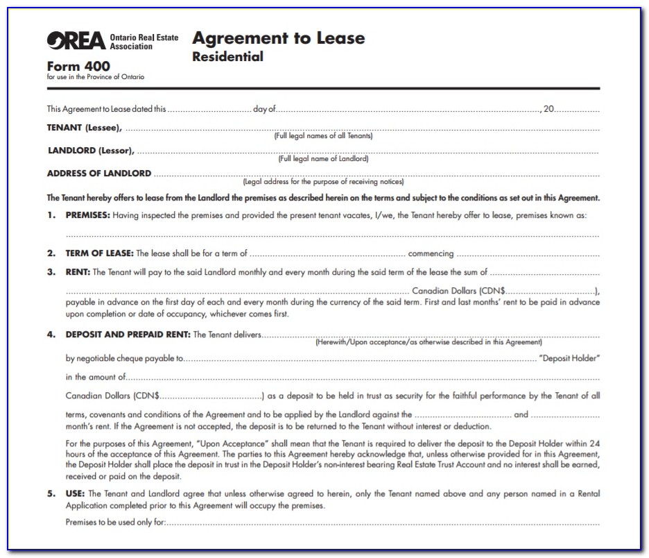 Toronto Real Estate Board Agreement To Lease Residential Form 400