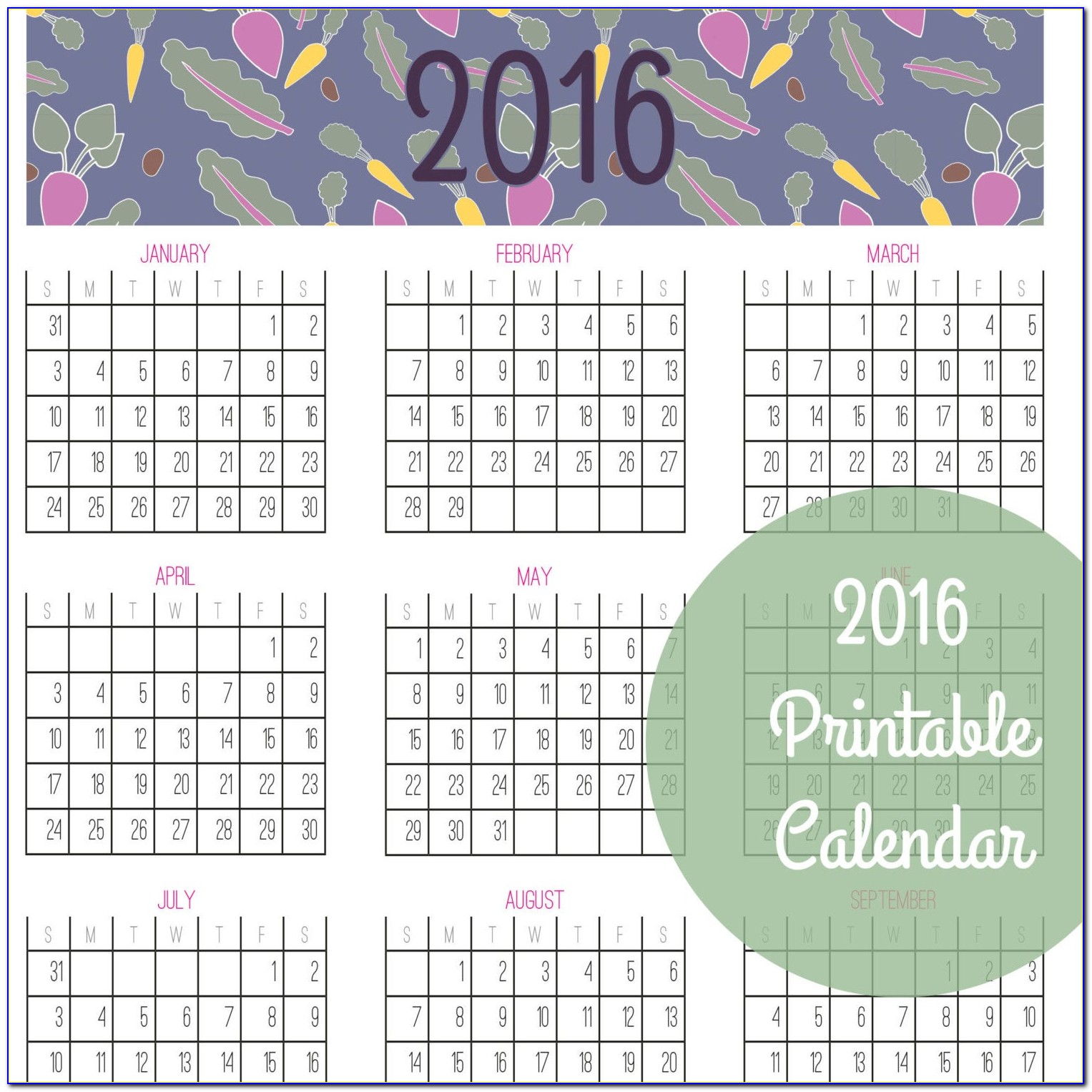 2016 Calendar At A Glance Template