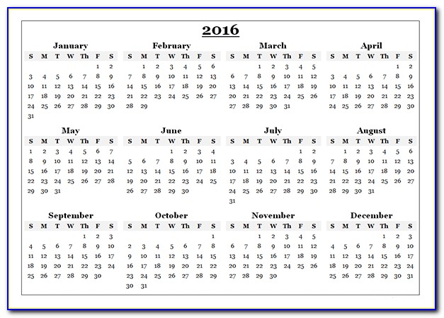 2016 Year At A Glance Calendar Printable Free