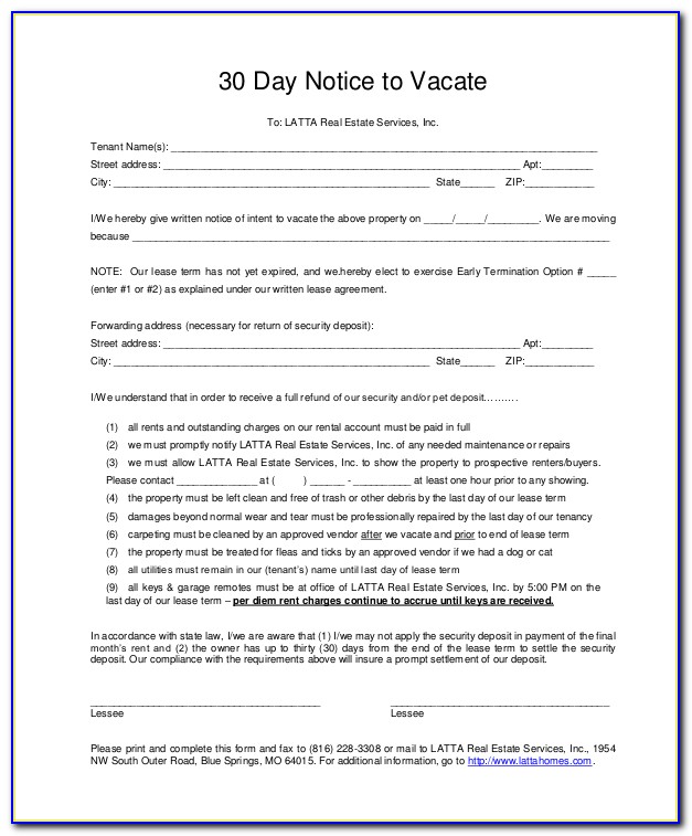 30 Day Notice To Vacate Letter Example