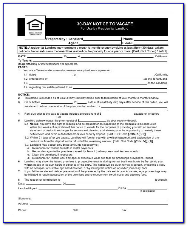 30 Day Notice To Vacate Template To Landlord
