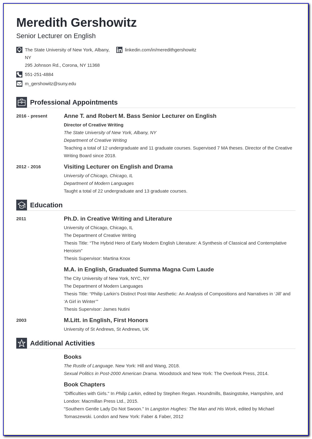 Academic Curriculum Vitae Resume Format