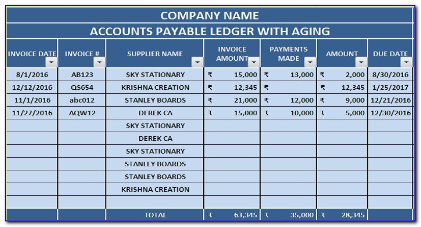 Accounts Payable Subsidiary Ledger Template