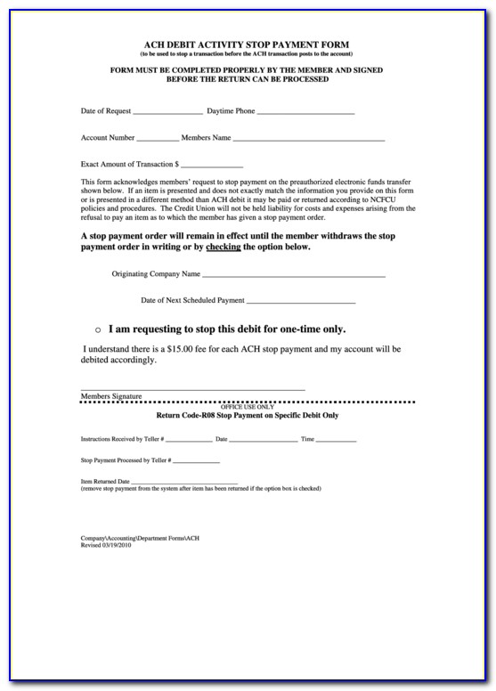 Ach Stop Payment Form Template