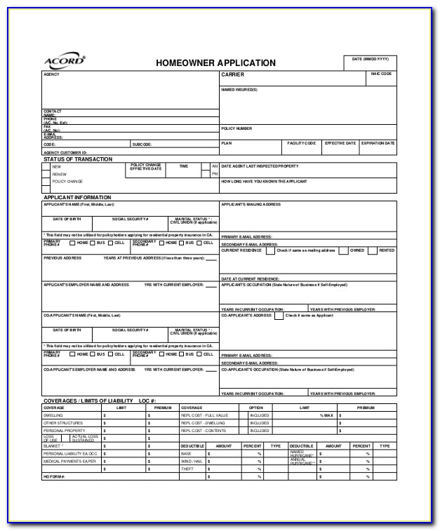 Acord Certificate Of Homeowners Insurance Form