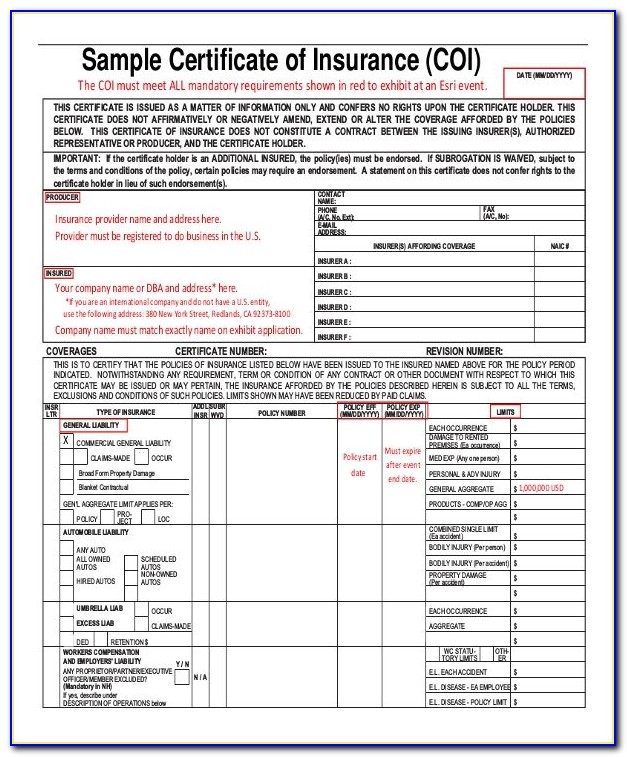Acord Certificate Of Insurance Form 2019