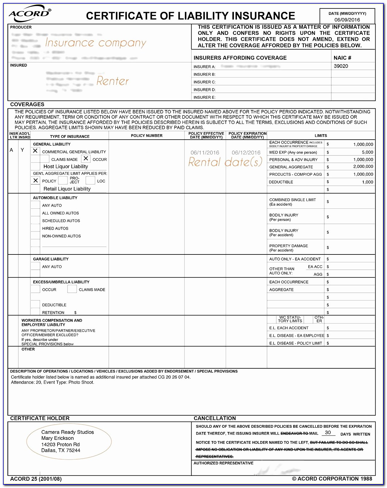 Acord Certificate Of Insurance Form 25