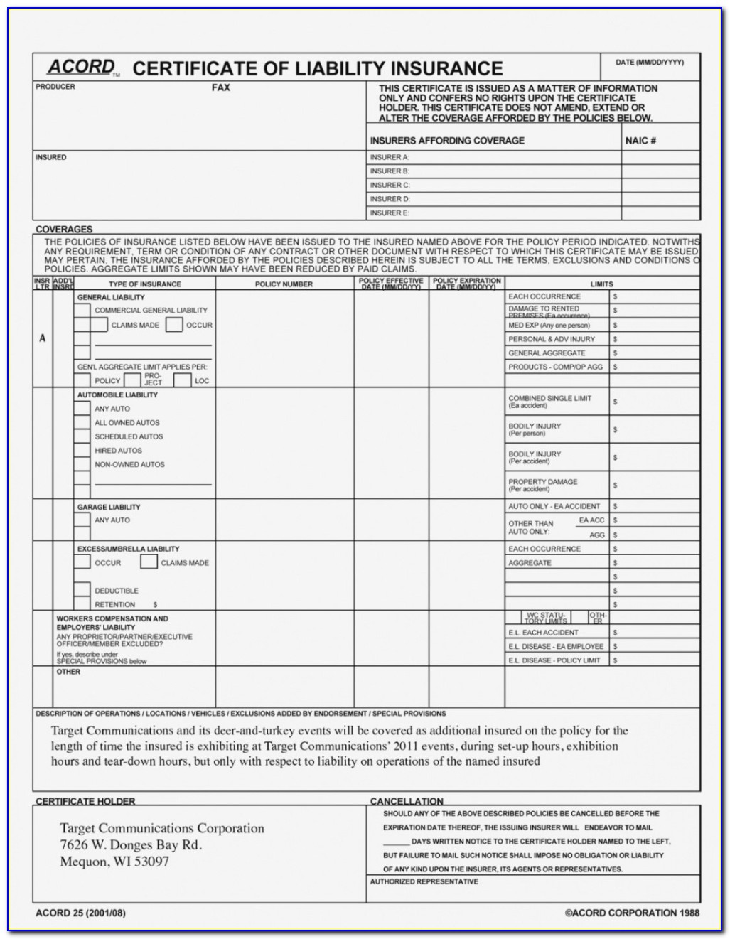 Acord Certificate Of Insurance Form Download