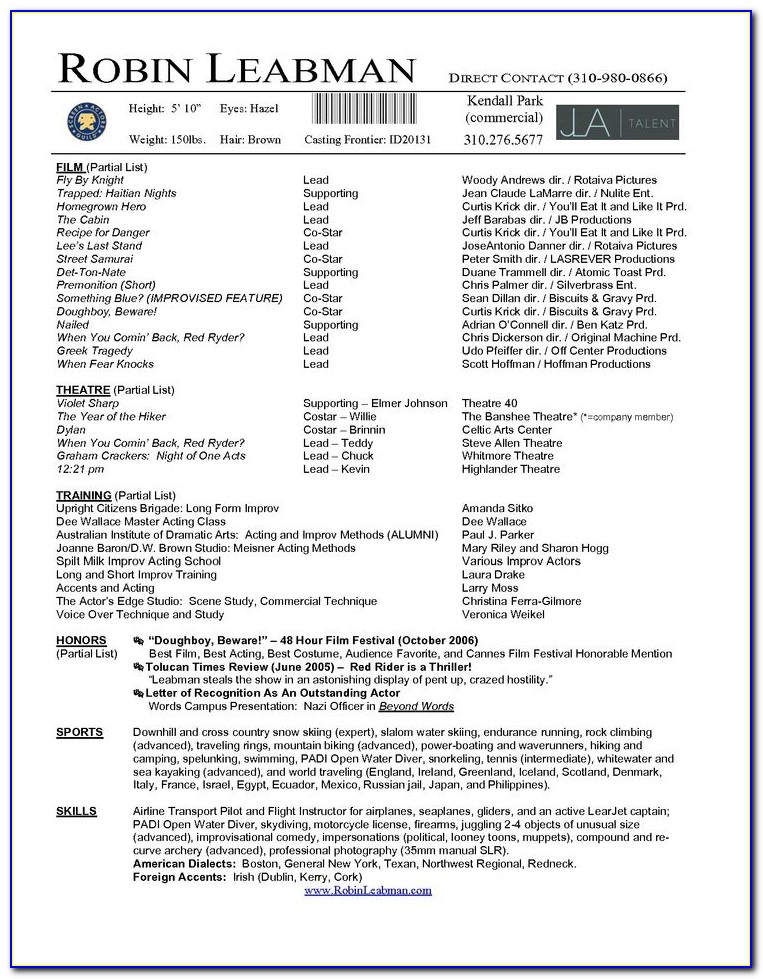 Acting Resume No Experience Sample