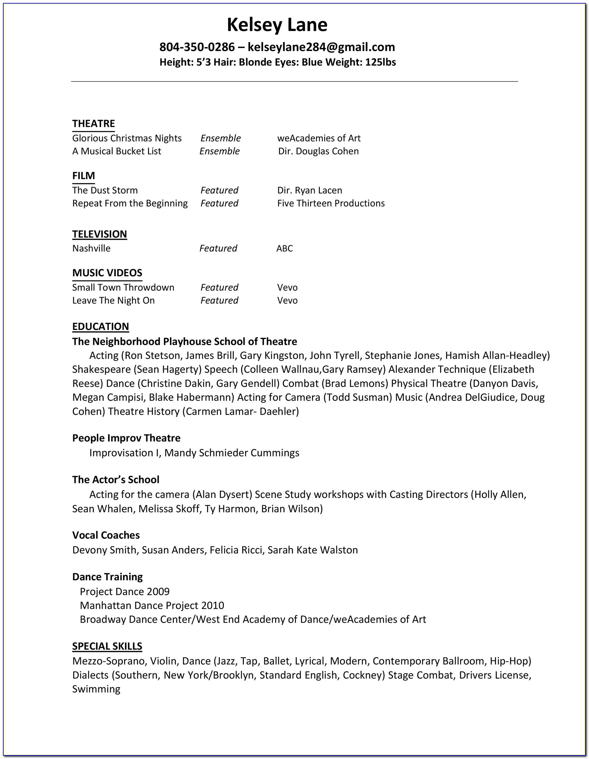 Acting Resume Template With No Experience