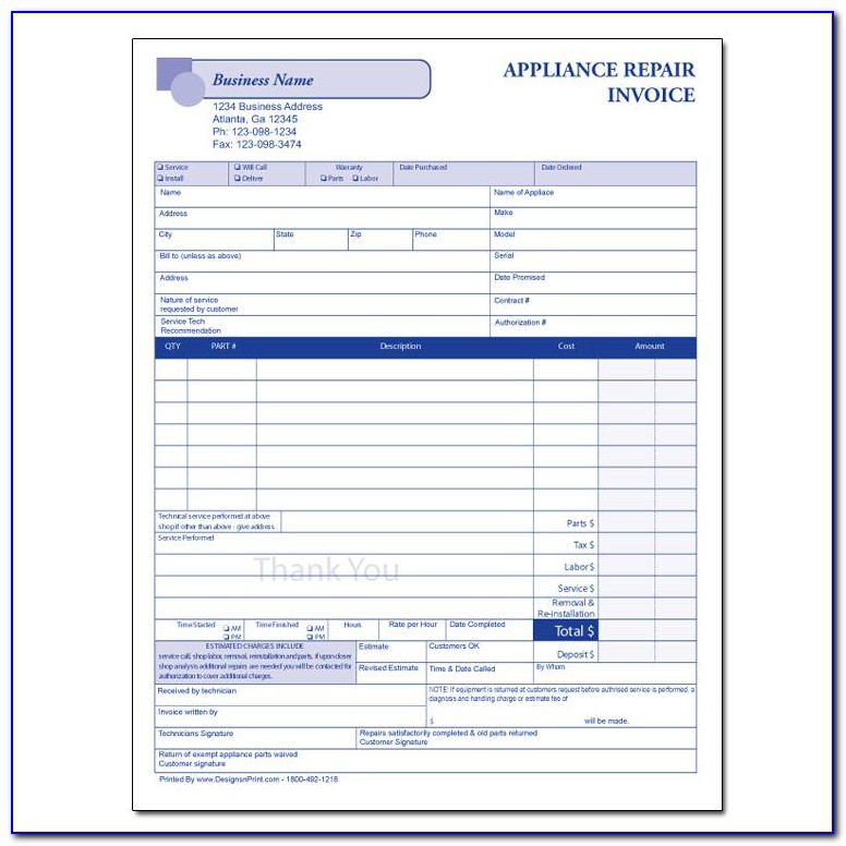 Appliance Repair Invoice Forms