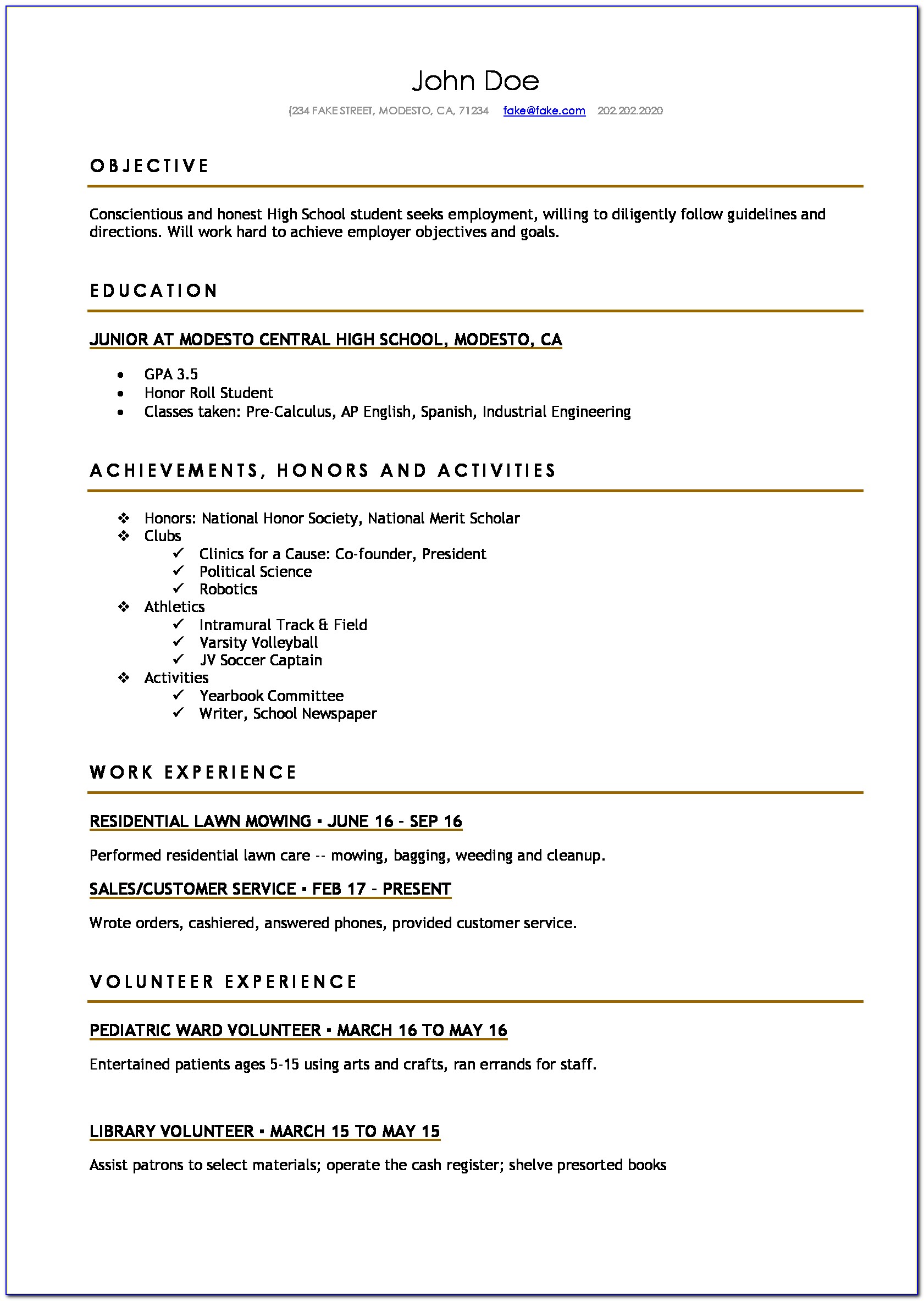 Basic Resume Template For Highschool Students