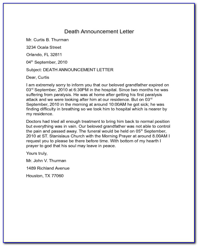 Death Announcement Sample For Employees