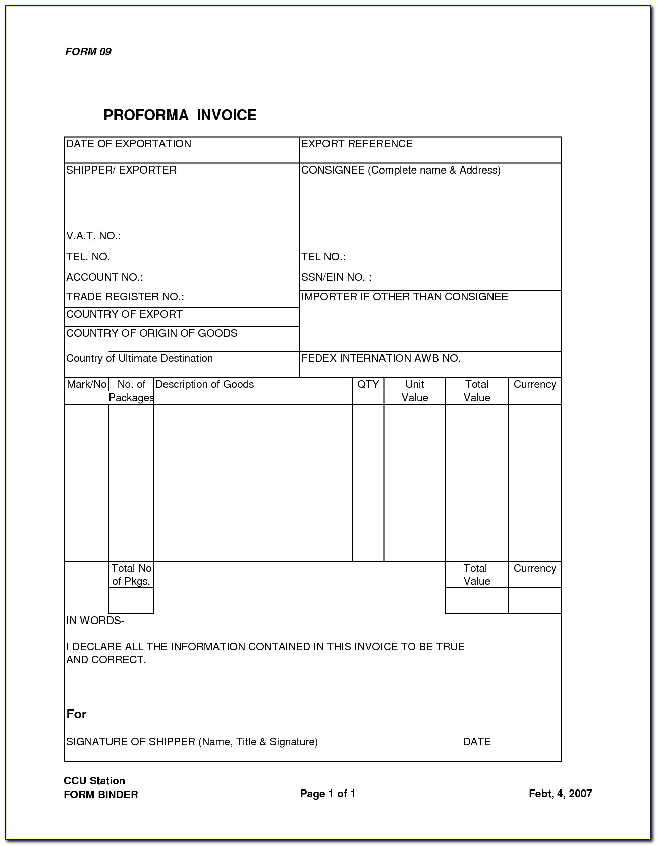 Fedex Proforma Invoice Form