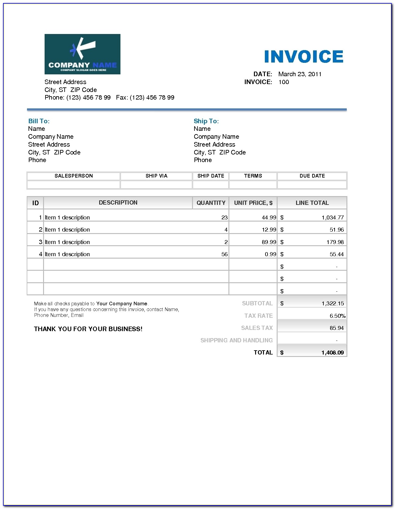 Fillable Roofing Invoice