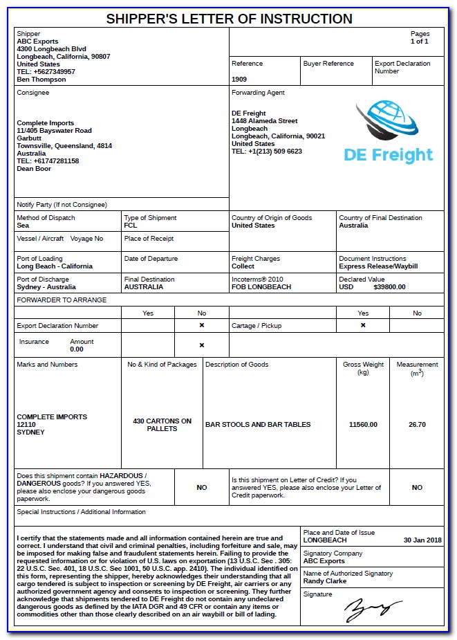 Freight Forwarder Invoice Format