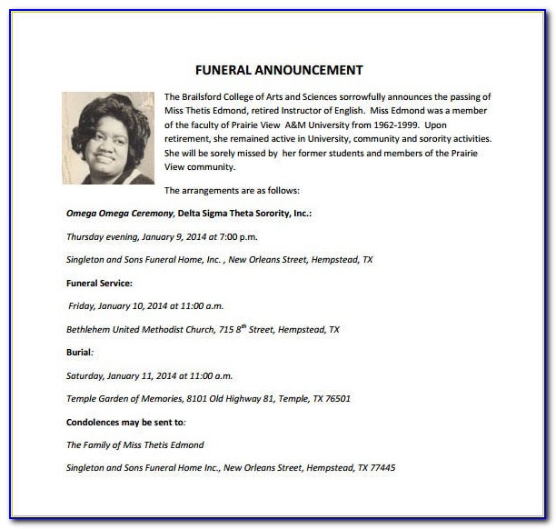 Funeral Announcement Template For Facebook