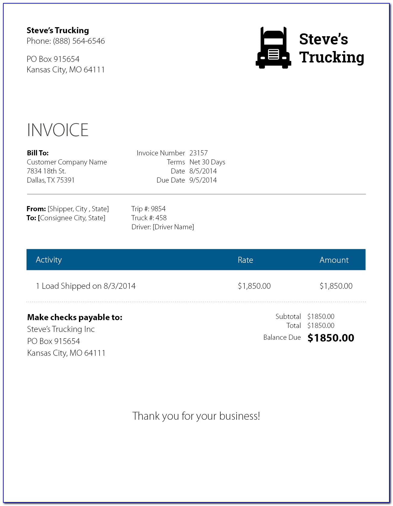 Invoice Template For Transport Company