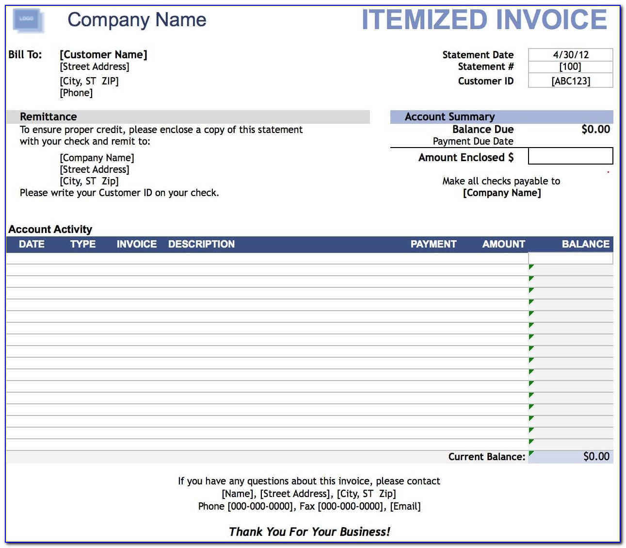 Itemized Invoice Sample