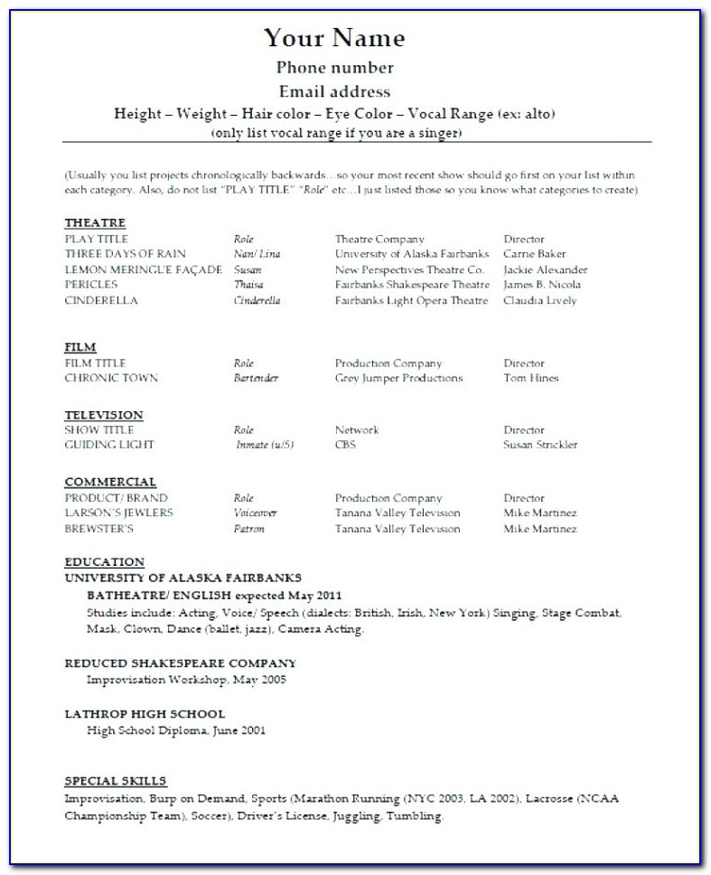 Musical Theater Resume Template Word