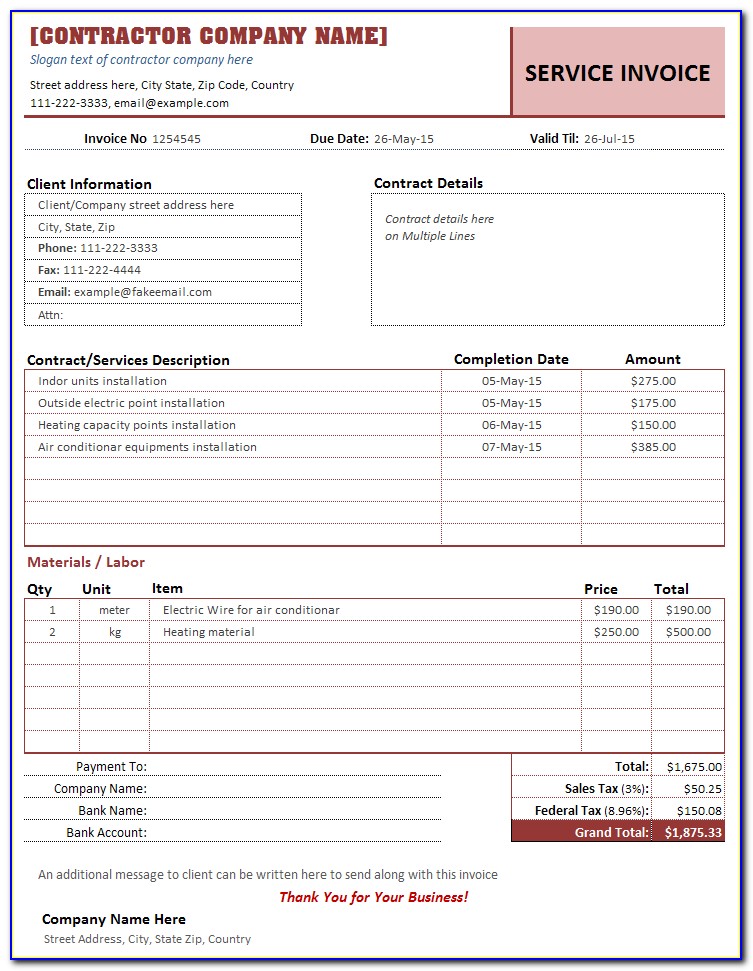 Sample Contractor Invoice Nz