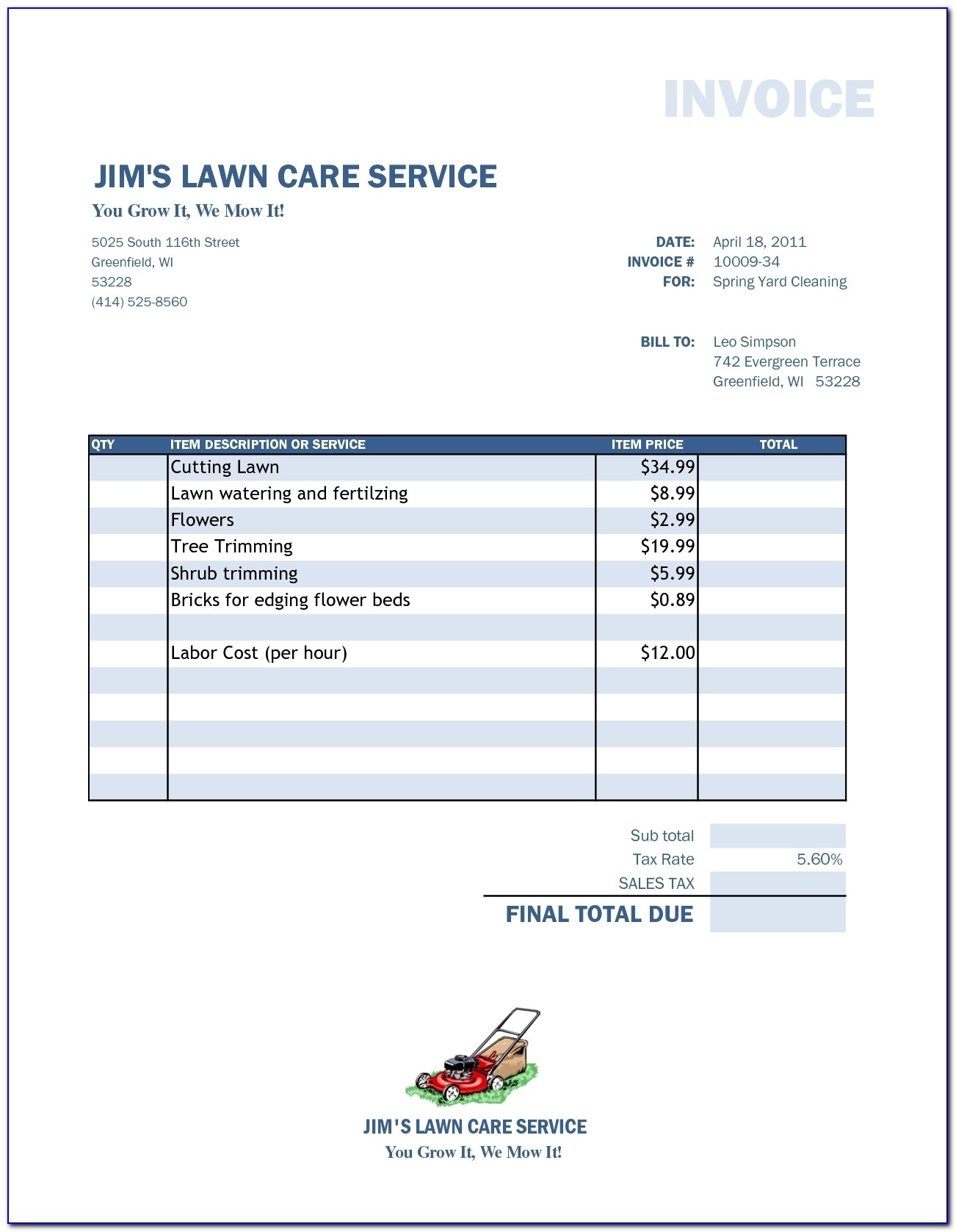 Sample Lawn Mowing Invoice