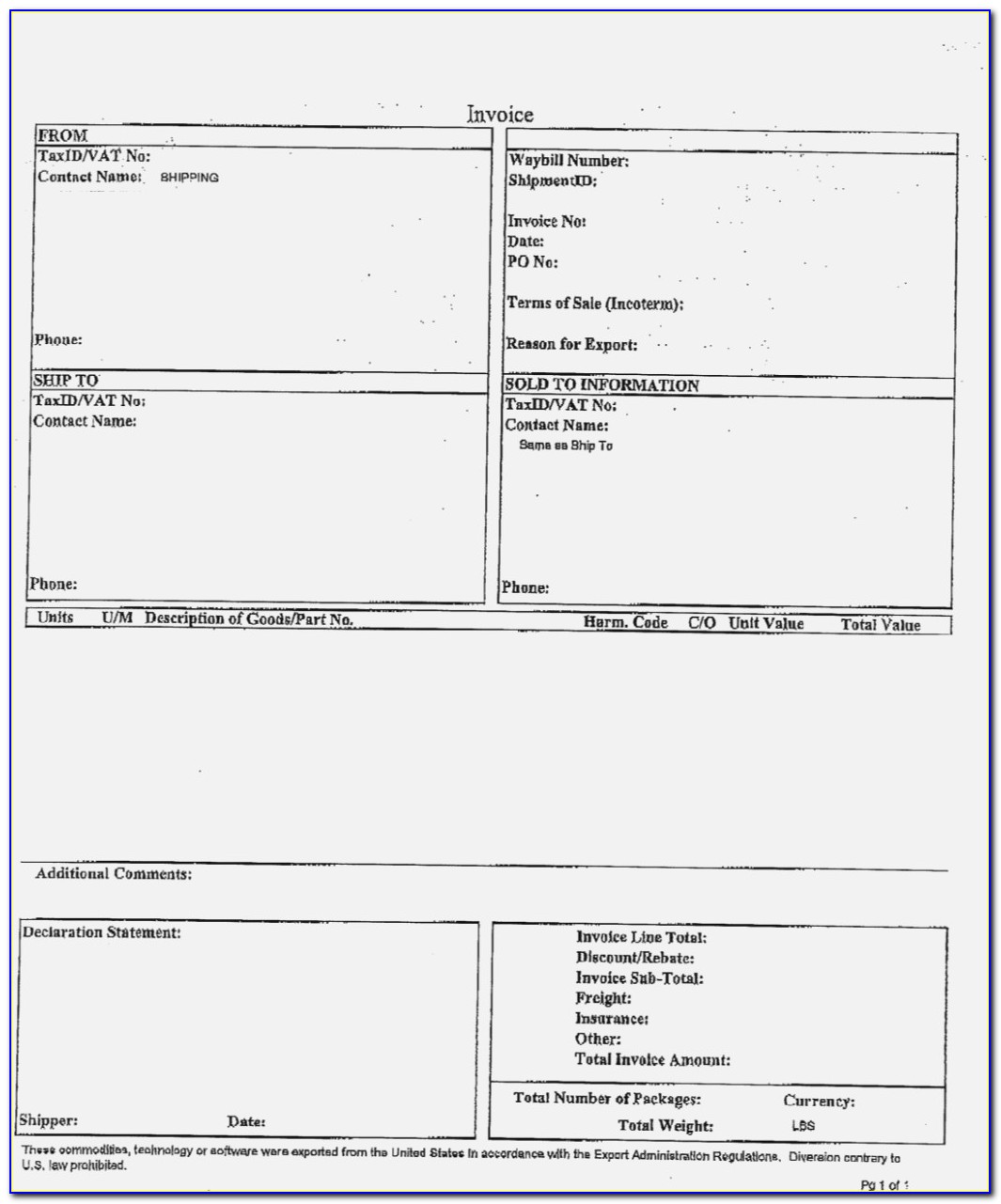 Ups Commercial Invoice Fillable Form