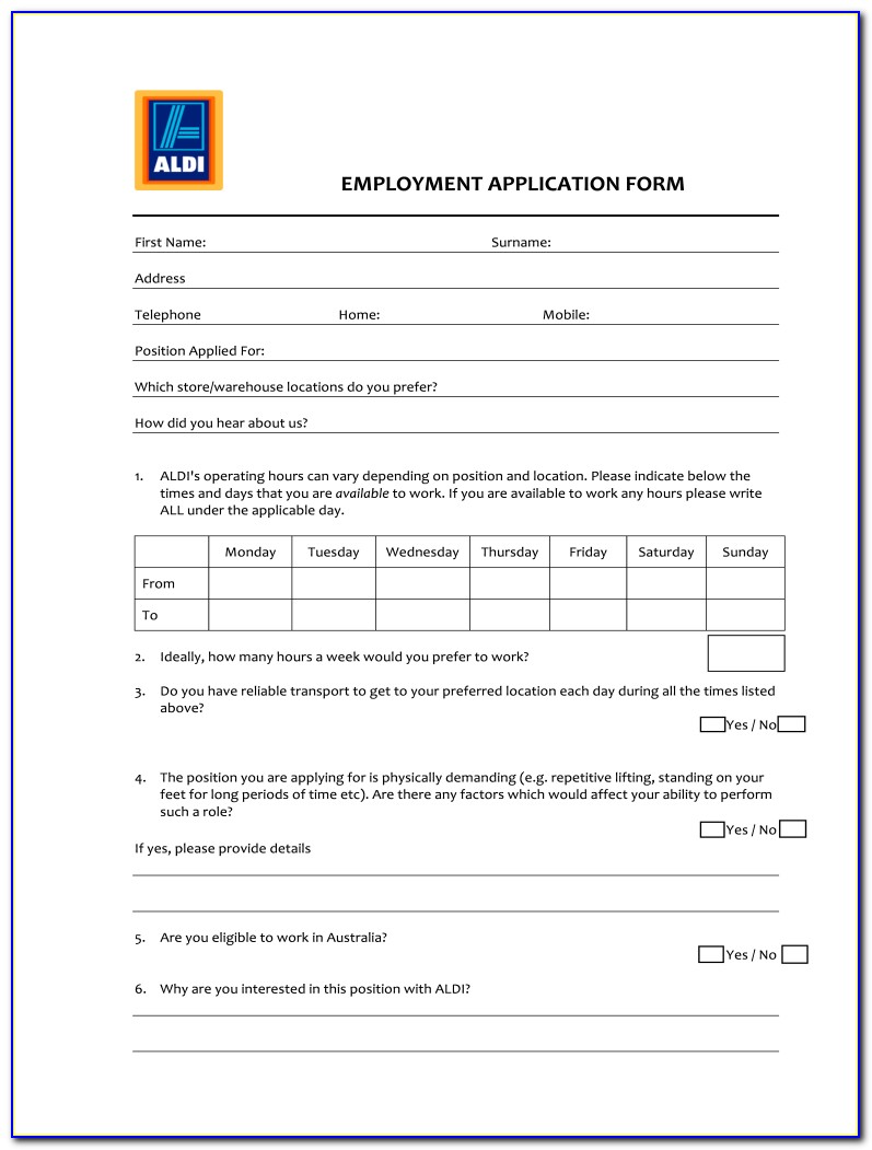 Aldi Job Application Form Pdf