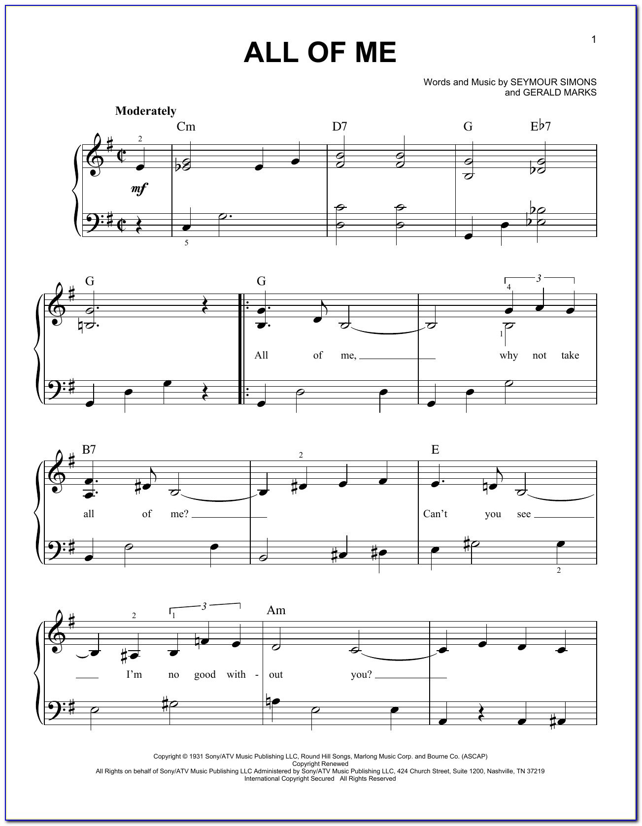 All Of Me Piano Sheet Music Easy Letters