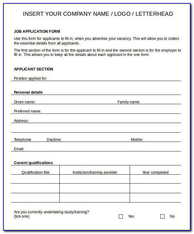 Blank Job Application Forms Printable