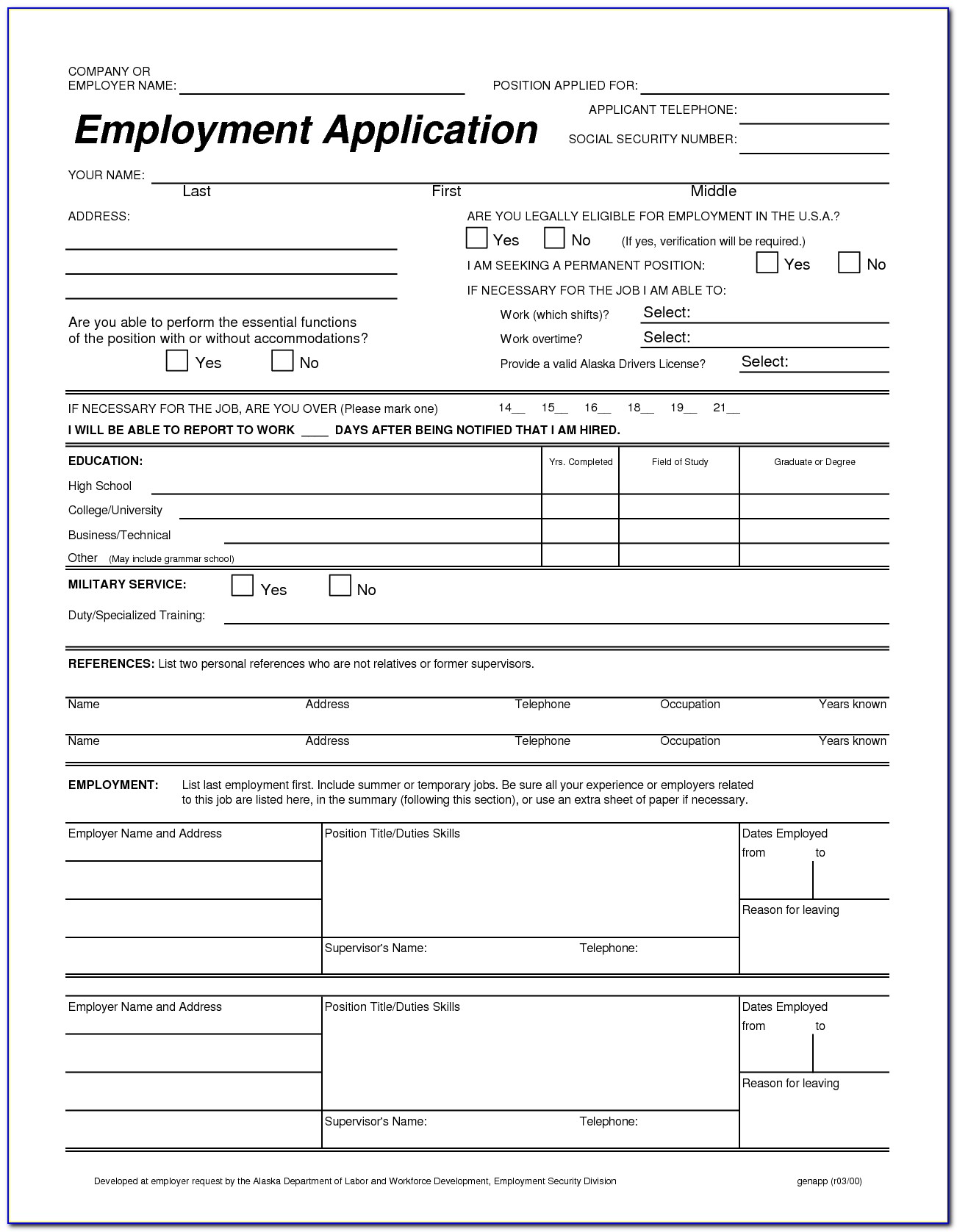Blank Printable Job Application Form Free